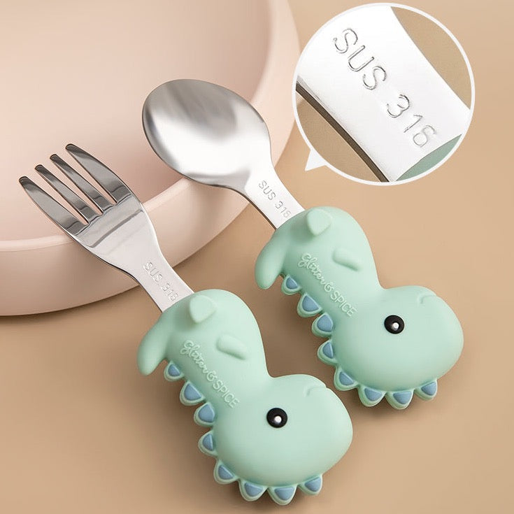 LEARN TO EAT FORK AND SPOON SET - T-REX - Glitter & Spice Canada